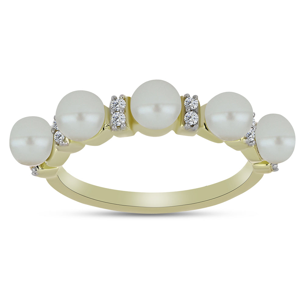 Anillo de Plata Bañada en Oro con Perla blanca de agua dulce y Topacio Blanco