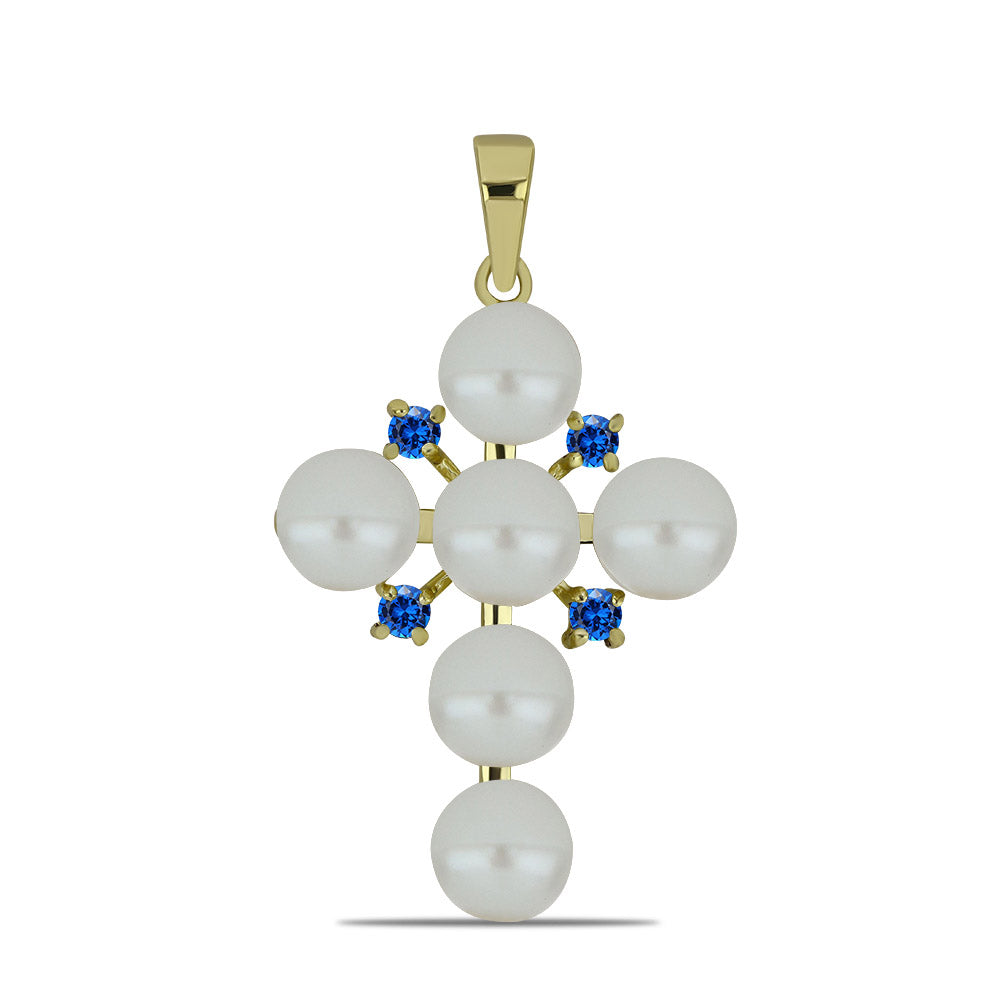 Cruz Colgante de Plata Bañada en Oro con Perla blanca de agua dulce y Zafiro Azul Australiano