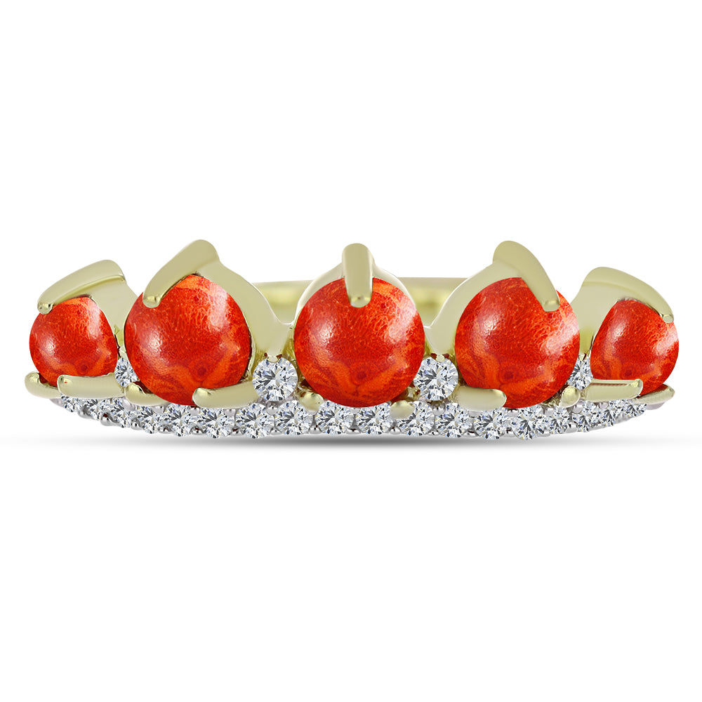 Anillo de Plata Bañada en Oro con Coral de Esponja Roja y Topacio Blanco 2 