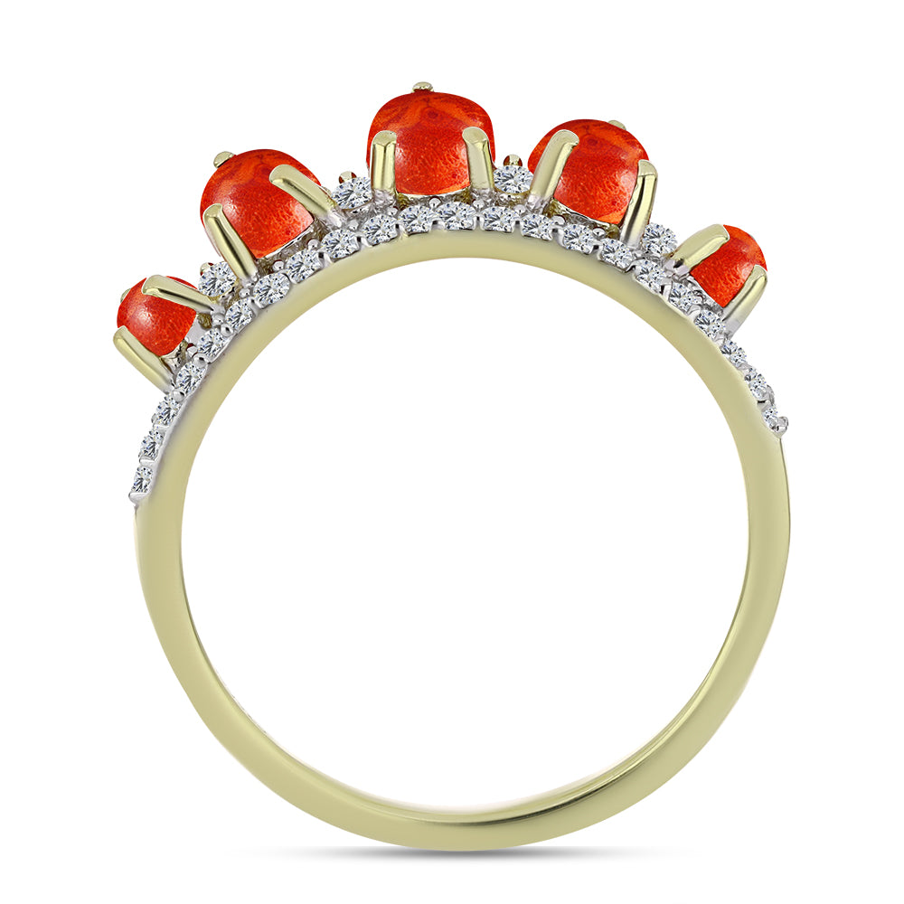 Anillo de Plata Bañada en Oro con Coral de Esponja Roja y Topacio Blanco 3 