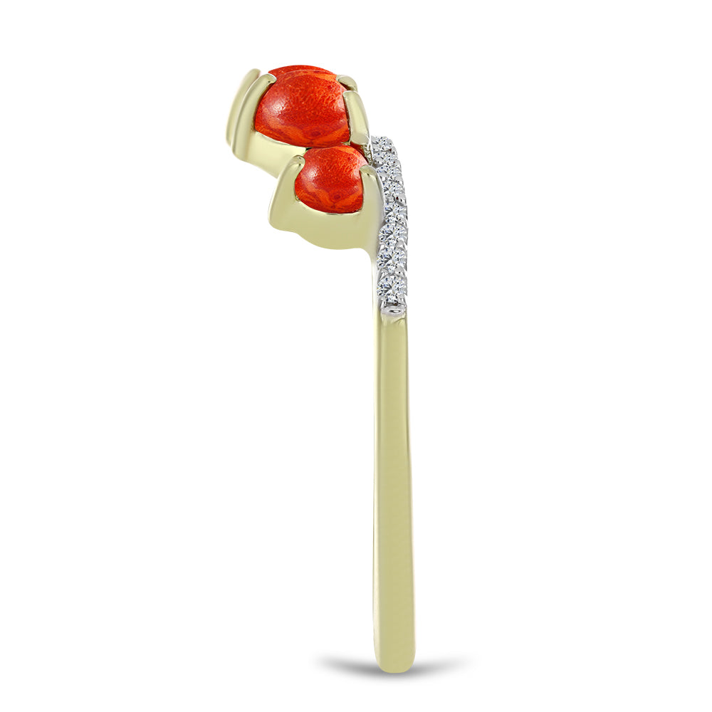 Anillo de Plata Bañada en Oro con Coral de Esponja Roja y Topacio Blanco 4 