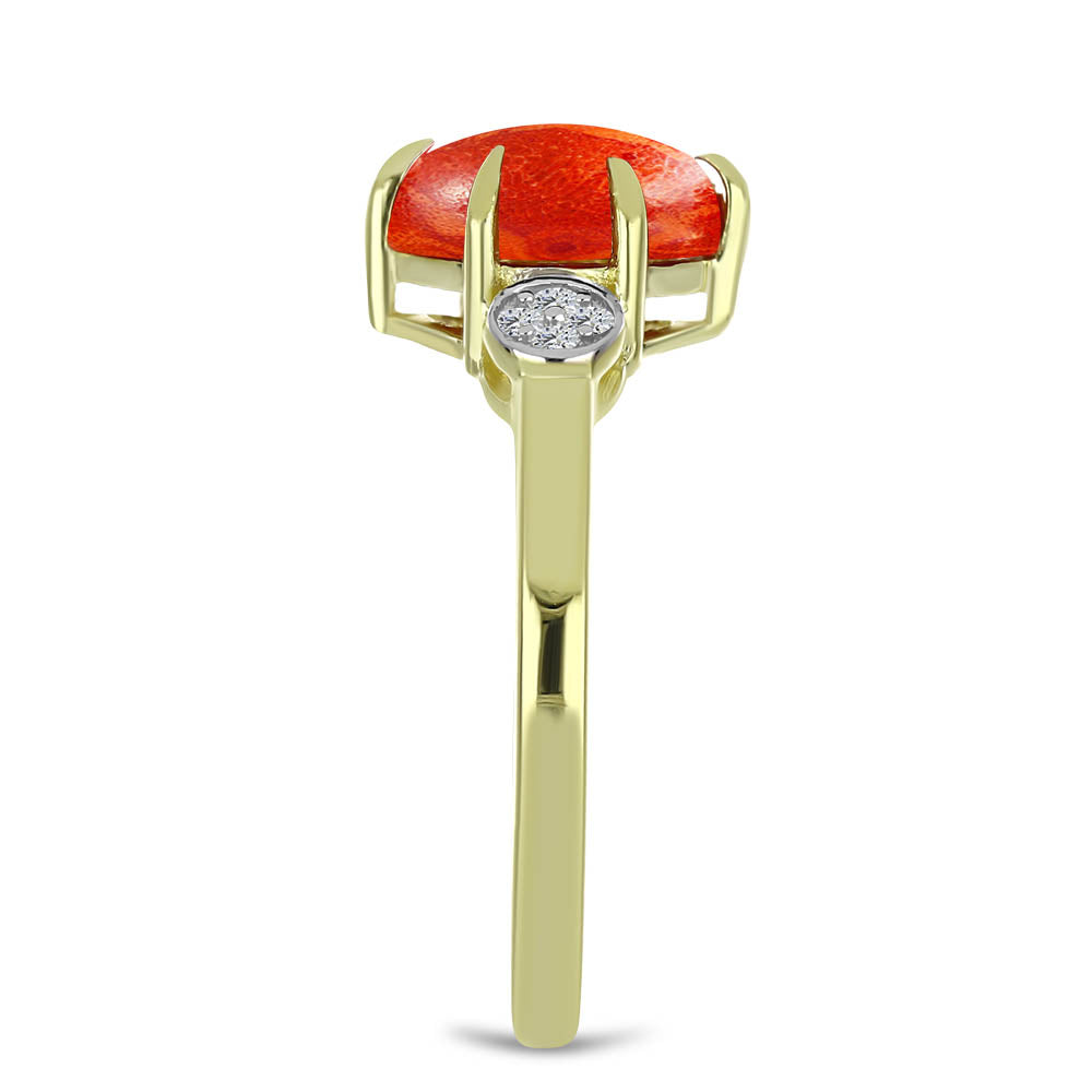 Anillo de Plata Bañada en Oro con Coral de Esponja Roja y Topacio Blanco 4 