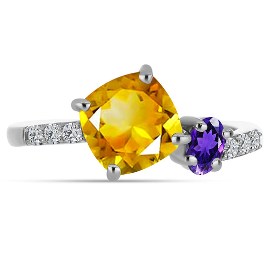 Anillo de Plata con Citrino de los Montes Urales y Amatista de Marruecos