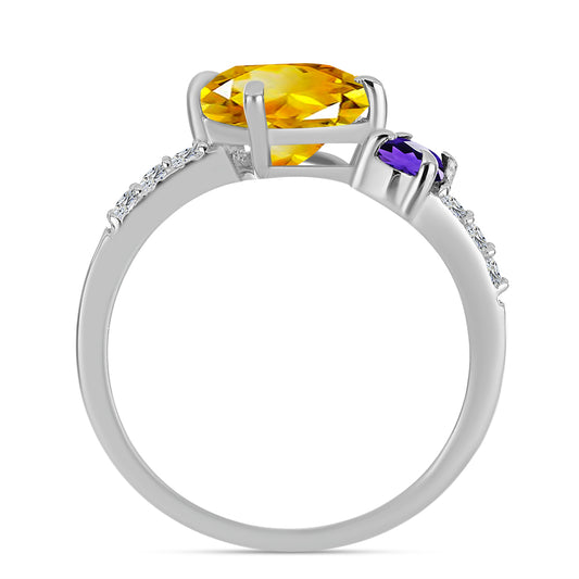 Anillo de Plata con Citrino de los Montes Urales y Amatista de Marruecos