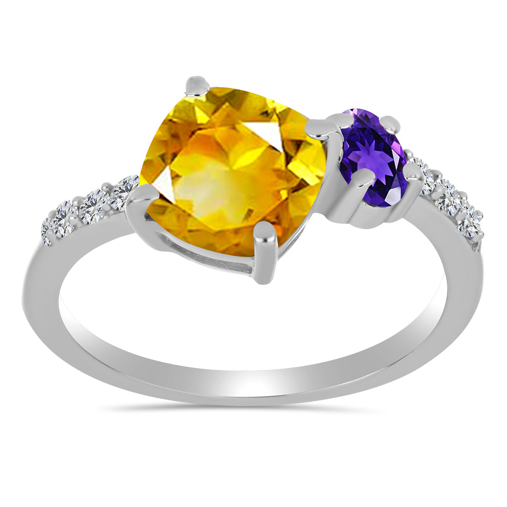 Anillo de Plata con Citrino de los Montes Urales y Amatista de Marruecos