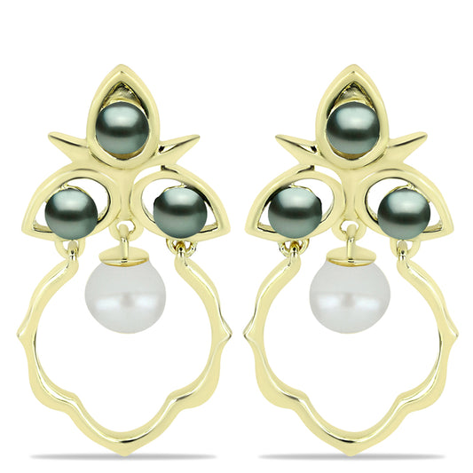 Pendientes de Plata Bañada en Oro con Perla de río Tahiti verde ilusión y Perla de Agua Dulce Blanca