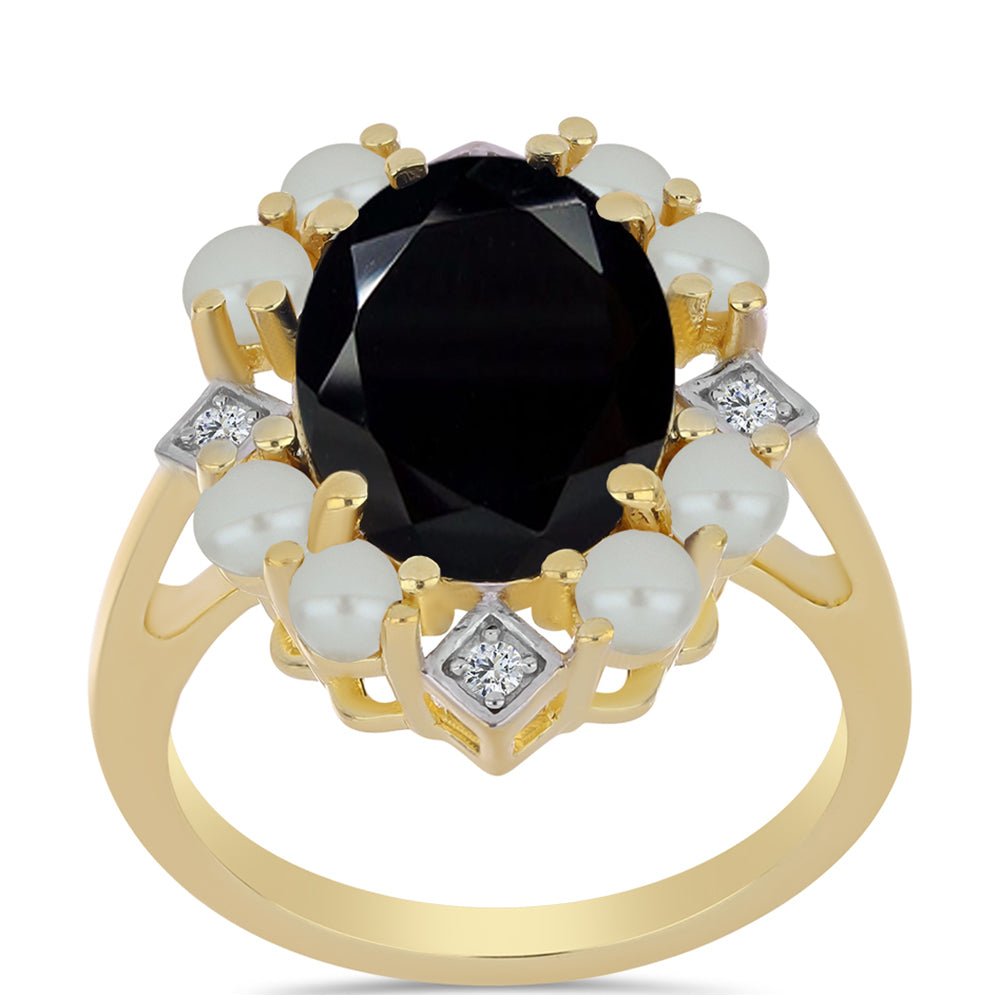 Anillo de Plata Bañada en Oro con Perla de río Tahiti verde ilusión y Ónix Negro 3 