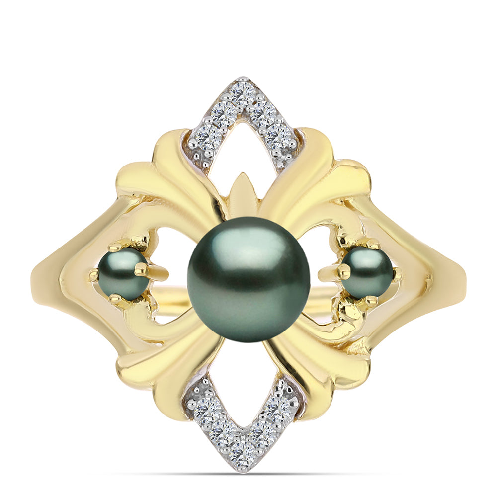 Anillo de Plata Bañada en Oro con Perla de río Tahiti verde ilusión y Topacio Blanco