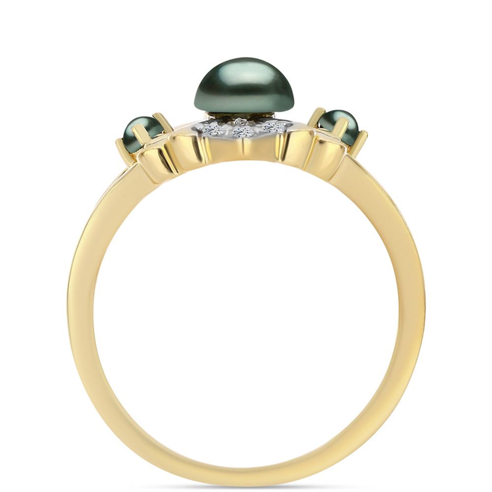 Anillo de Plata Bañada en Oro con Perla de río Tahiti verde ilusión y Topacio Blanco 2 