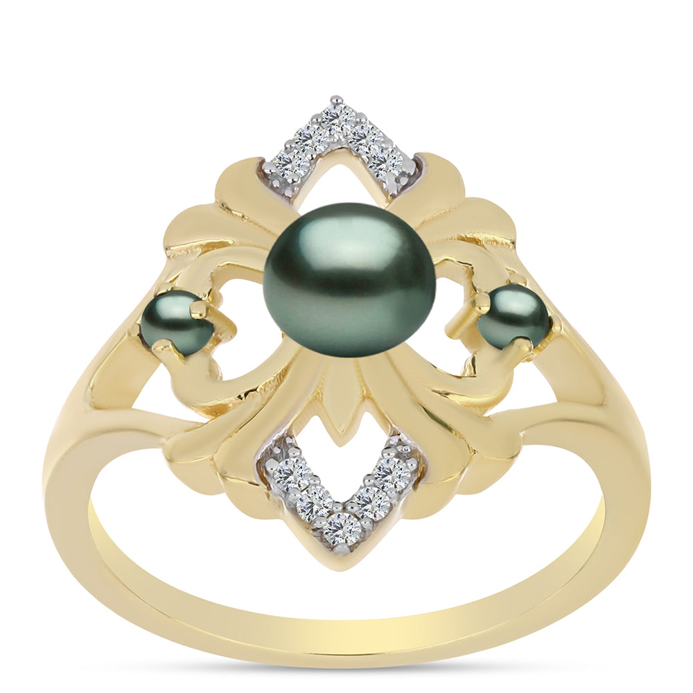 Anillo de Plata Bañada en Oro con Perla de río Tahiti verde ilusión y Topacio Blanco 3 
