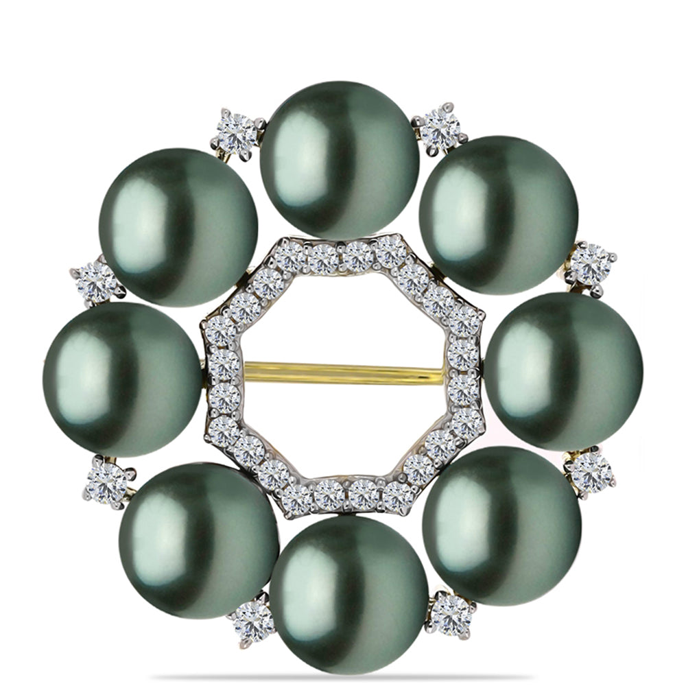 Broche de Plata Bañada en Oro con Perla de río Tahiti verde ilusión y Topacio Blanco
