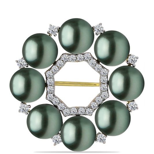 Broche de Plata Bañada en Oro con Perla de río Tahiti verde ilusión y Topacio Blanco