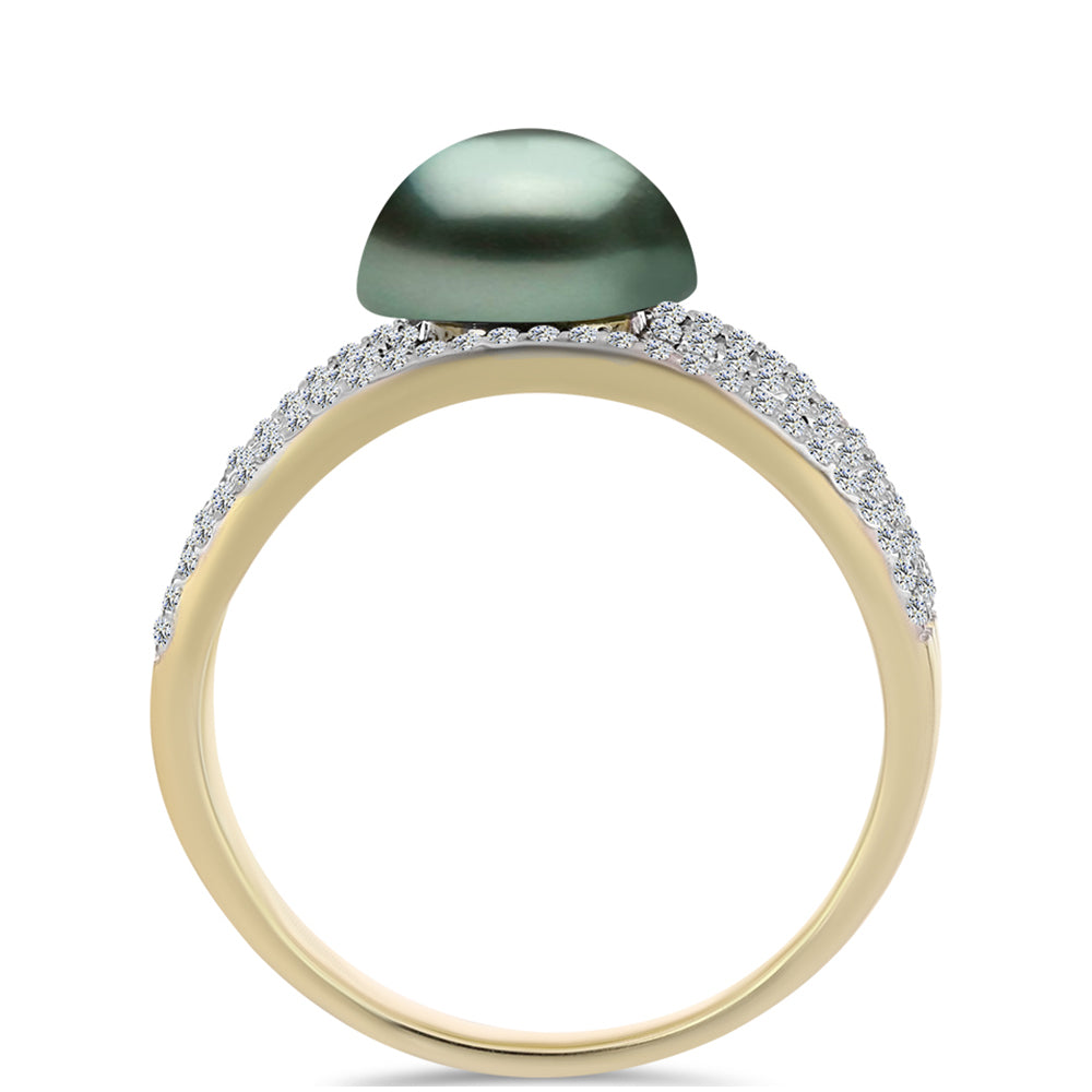 Anillo de Plata Bañada en Oro con Perla de río Tahiti verde ilusión y Topacio Blanco