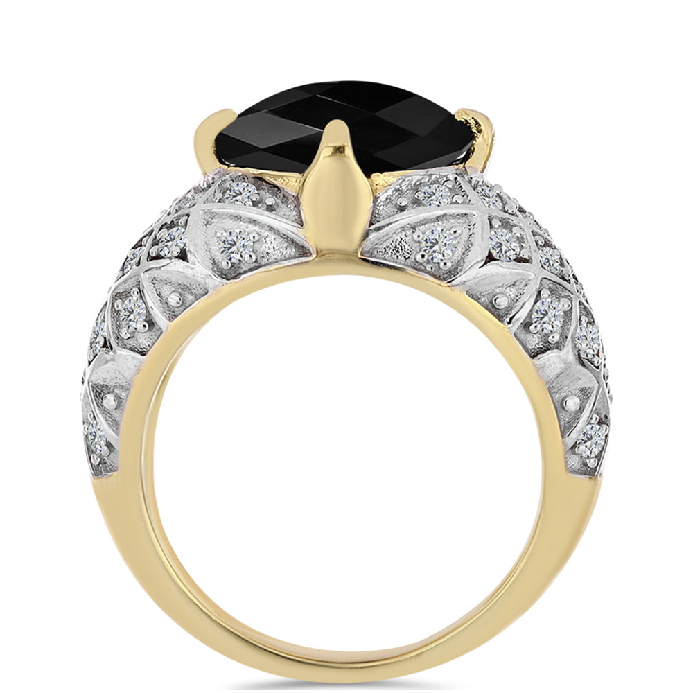 Anillo de Plata Bañada en Oro con Ónix Negro y Topacio Blanco