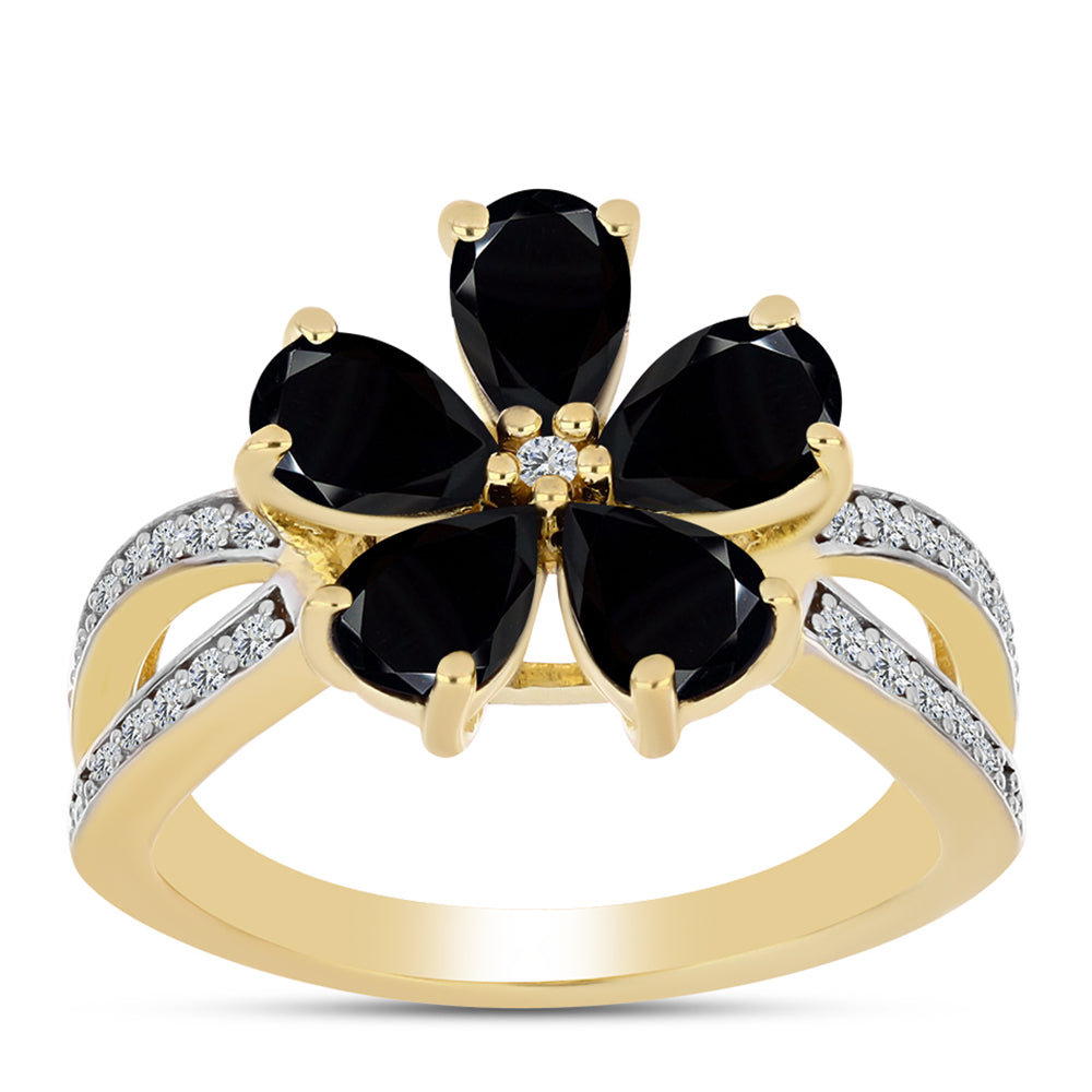 Anillo de Plata Bañada en Oro con Ónix Negro y Topacio Blanco