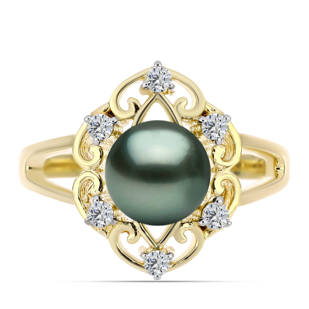 Anillo de Plata Bañada en Oro con Perla de río Tahiti verde ilusión y Topacio Blanco 1 
