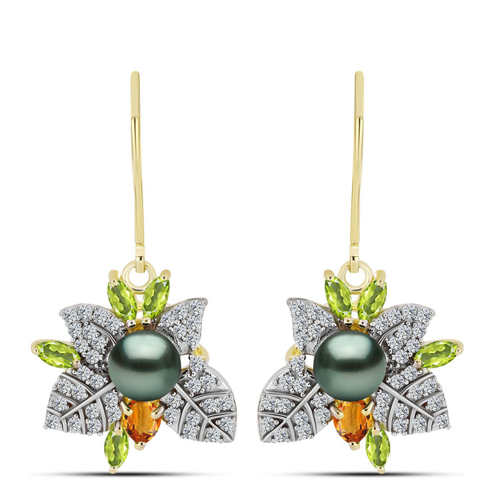 Pendientes de Plata Bañada en Oro con Perla de río Tahiti verde ilusión y Citrino de los Montes Urales 1 