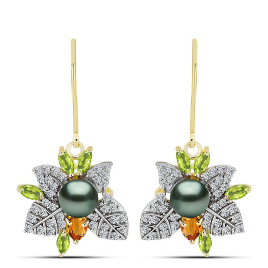 Pendientes de Plata Bañada en Oro con Perla de río Tahiti verde ilusión y Citrino de los Montes Urales