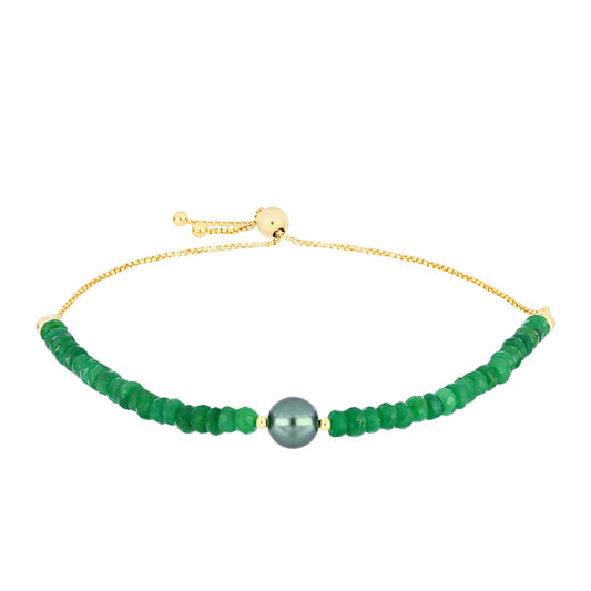 Pulsera de Plata Bañada en Oro con Perla de río Tahiti verde ilusión y Esmeralda de Brasil