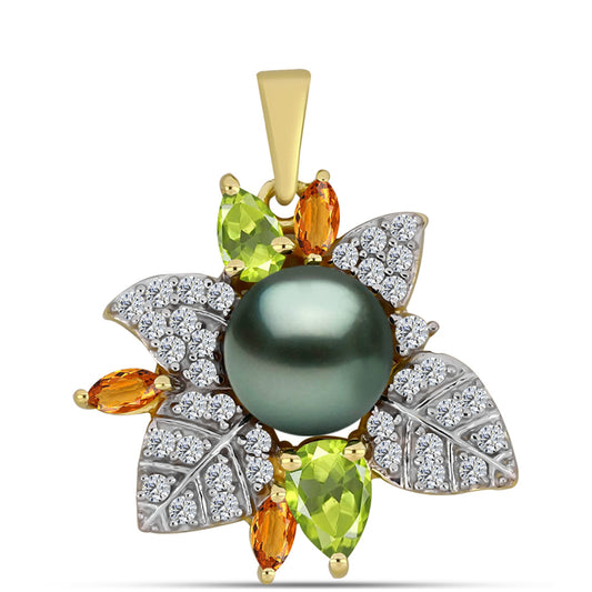 Colgante de Plata Bañada en Oro con Perla de río Tahiti verde ilusión y Peridoto de Changbai