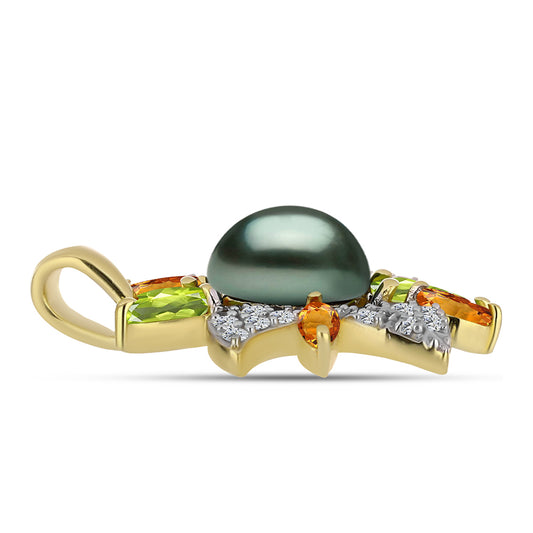 Colgante de Plata Bañada en Oro con Perla de río Tahiti verde ilusión y Peridoto de Changbai
