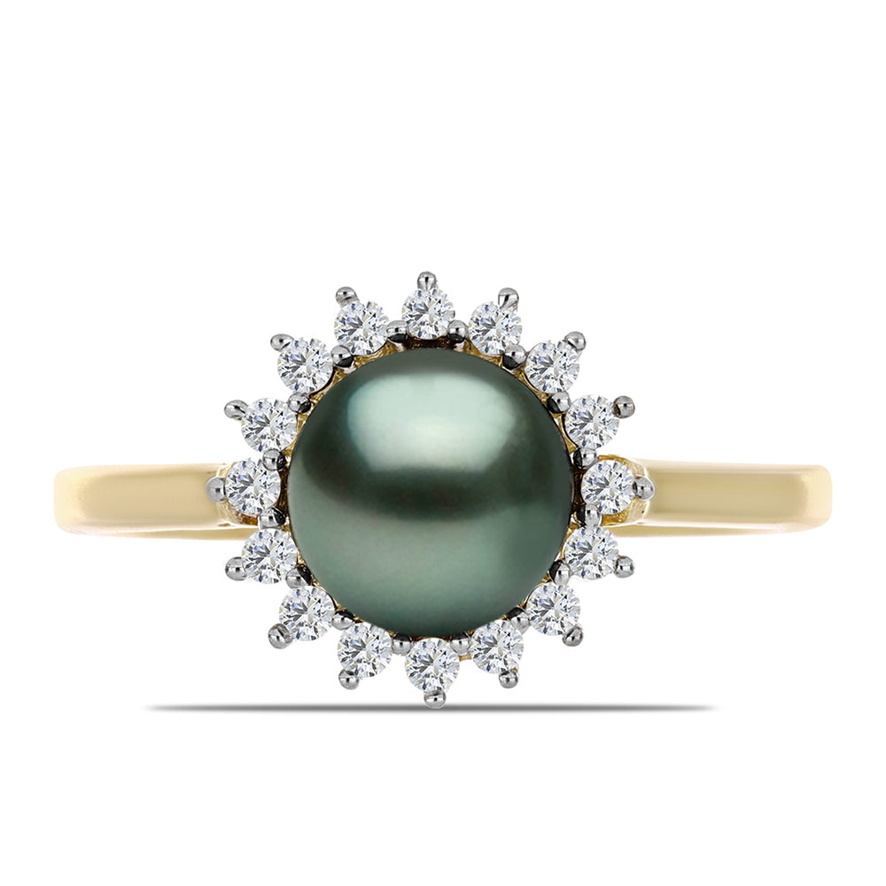 Anillo de Plata Bañada en Oro con Perla de río Tahiti verde ilusión y Topacio Blanco