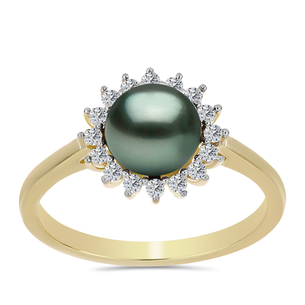 Anillo de Plata Bañada en Oro con Perla de río Tahiti verde ilusión y Topacio Blanco 3 