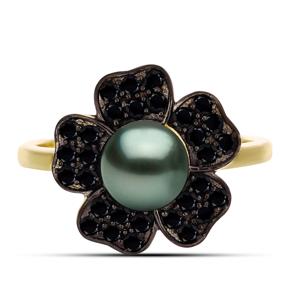 Anillo de Plata Bañada en Oro con Perla de río Tahiti verde ilusión y Espinela Negra de Badakhshan Gorno