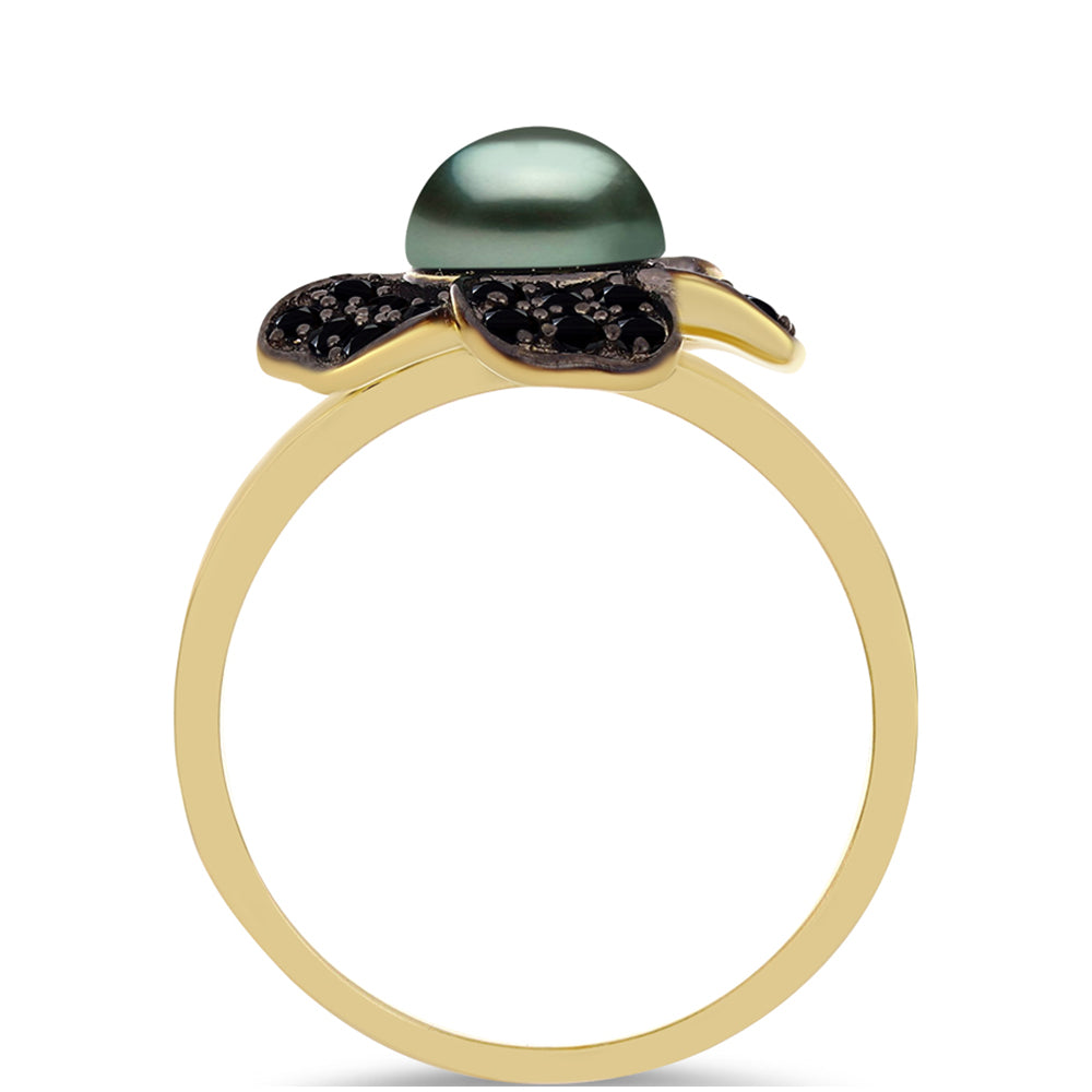 Anillo de Plata Bañada en Oro con Perla de río Tahiti verde ilusión y Espinela Negra de Badakhshan Gorno