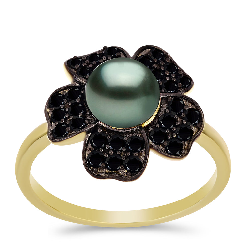 Anillo de Plata Bañada en Oro con Perla de río Tahiti verde ilusión y Espinela Negra de Badakhshan Gorno 3 