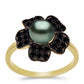 Anillo de Plata Bañada en Oro con Perla de río Tahiti verde ilusión y Espinela Negra de Badakhshan Gorno