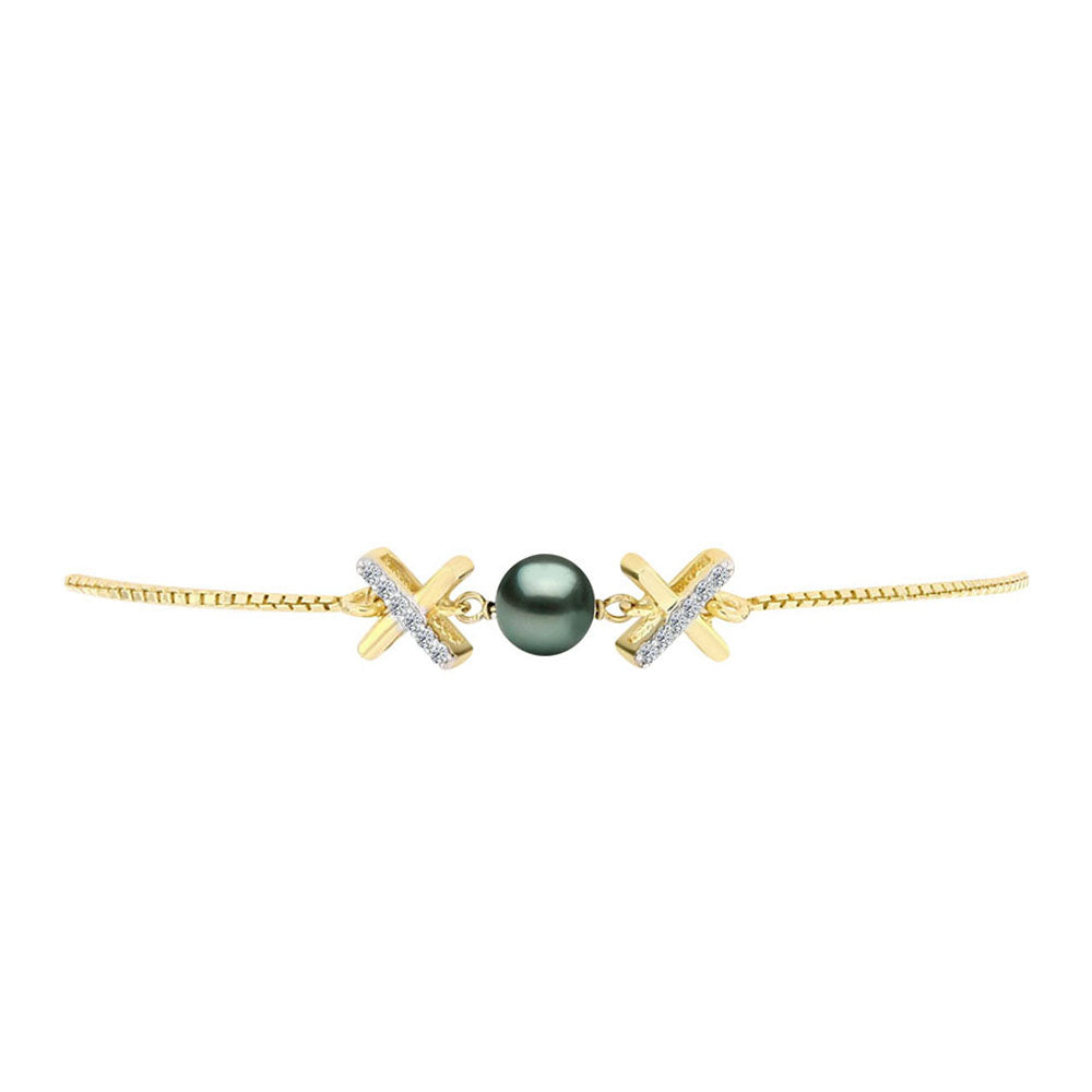 Pulsera de Plata Bañada en Oro con Perla de río Tahiti verde ilusión y Topacio Blanco 2 