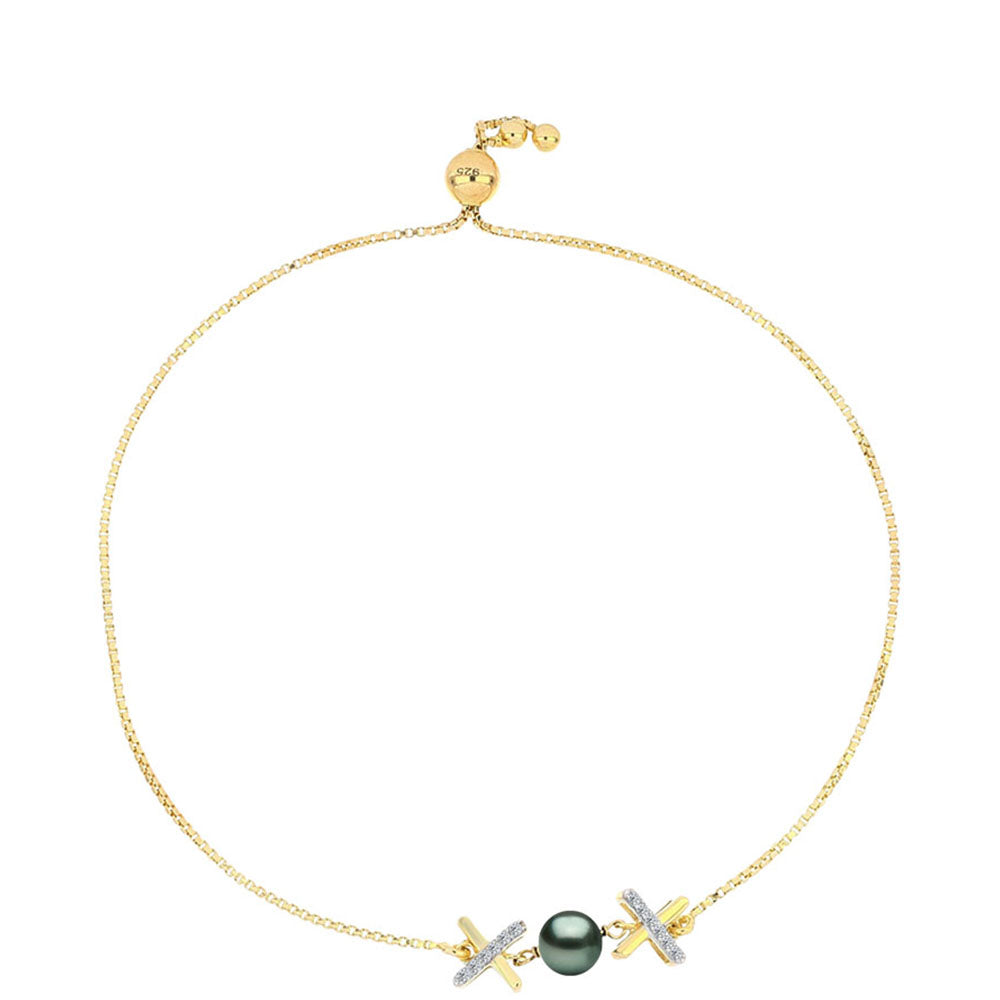 Pulsera de Plata Bañada en Oro con Perla de río Tahiti verde ilusión y Topacio Blanco 1 