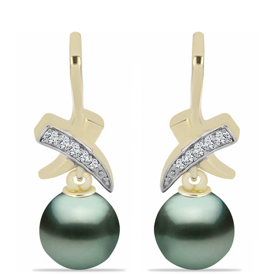 Pendientes de Plata Bañada en Oro con Perla de río Tahiti verde ilusión y Topacio Blanco