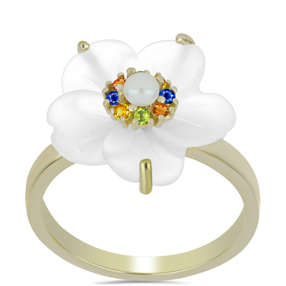 Anillo de Plata Bañada en Oro con Zafiro Arco Iris y Perla de Agua Dulce