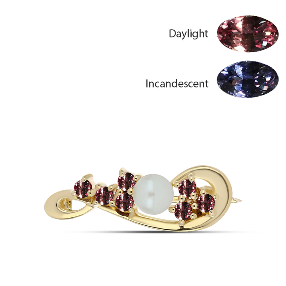 Broche de Plata Bañada en Oro con Granate Multicolor de Tsivory y Perla blanca de agua dulce