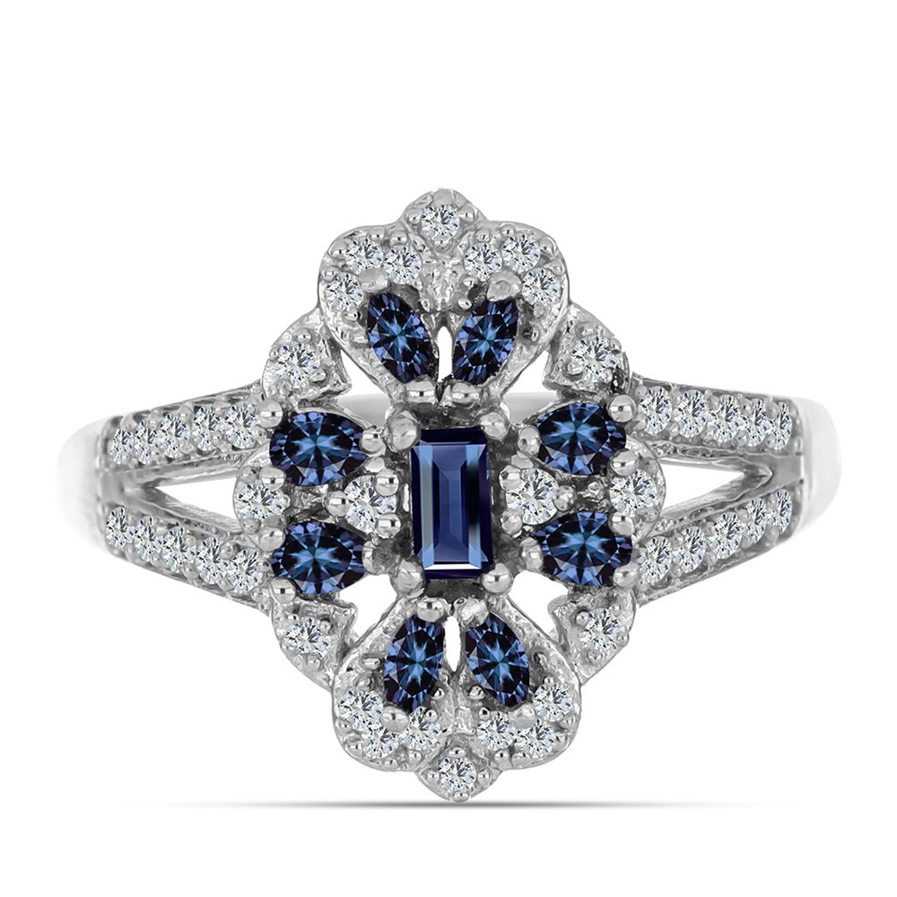 Anillo de Plata con Moisanita "Púrpura Imperial" y Topacio Blanco