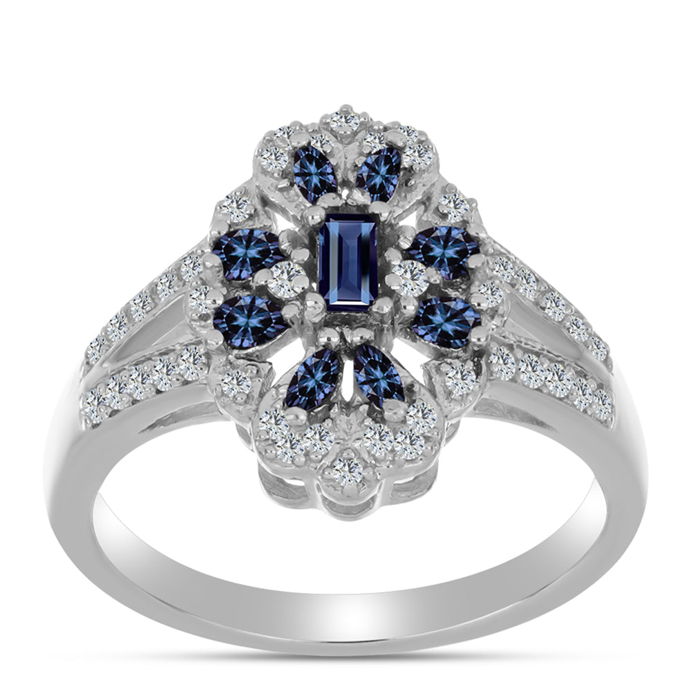 Anillo de Plata con Moisanita "Púrpura Imperial" y Topacio Blanco