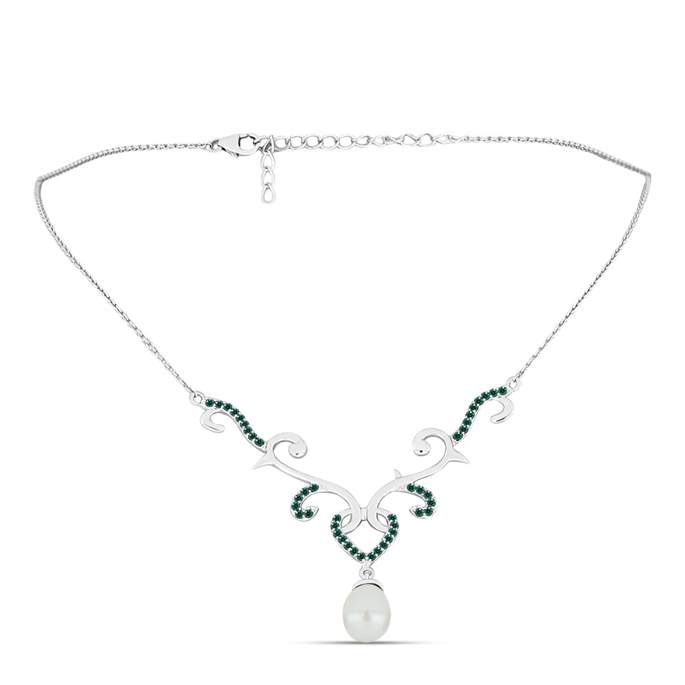 Collar de Plata con Moissanita azul mar verdosa y Perla blanca de agua dulce 1 