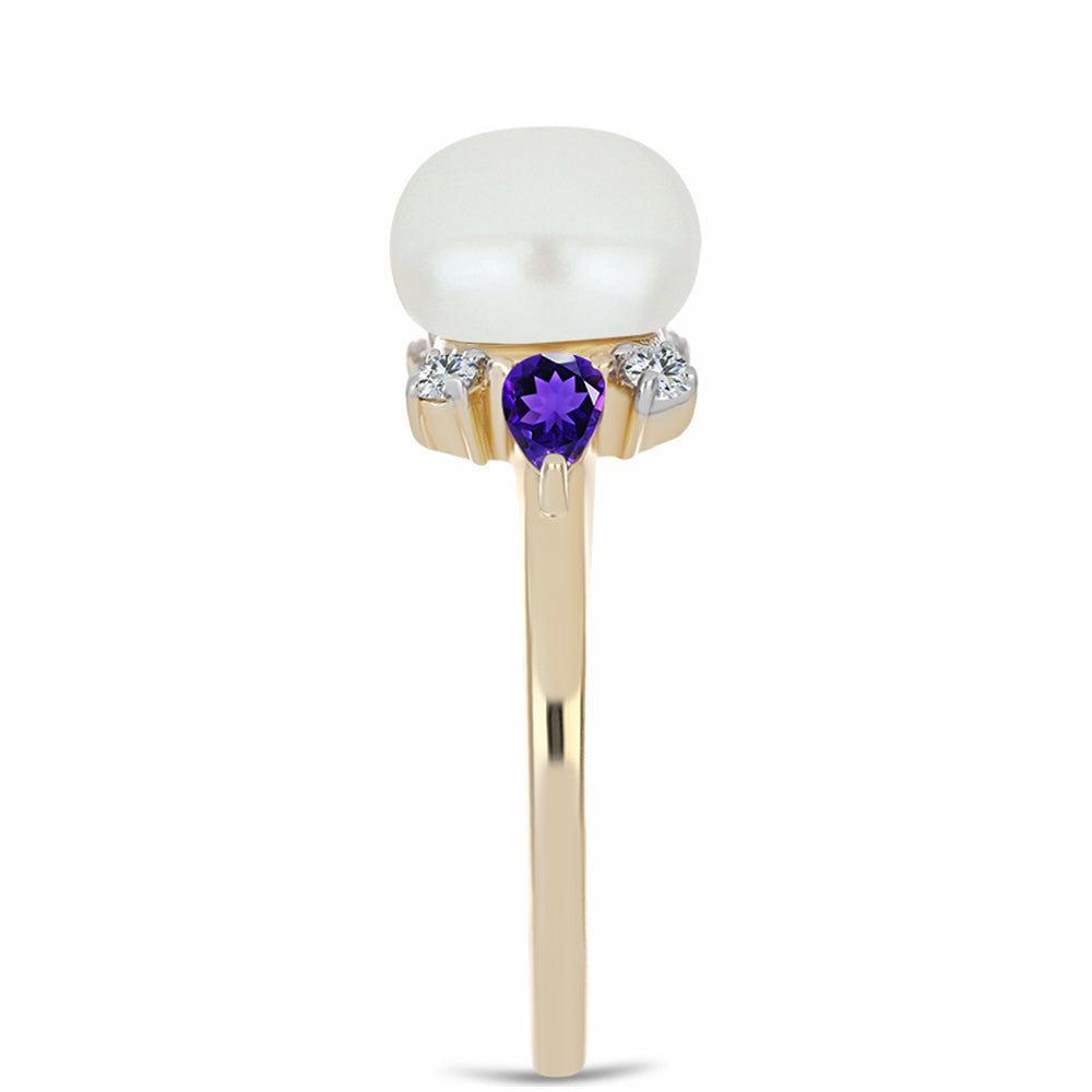 Anillo de Plata Bañada en Oro con Amatista de Marruecos y Perla blanca de agua dulce