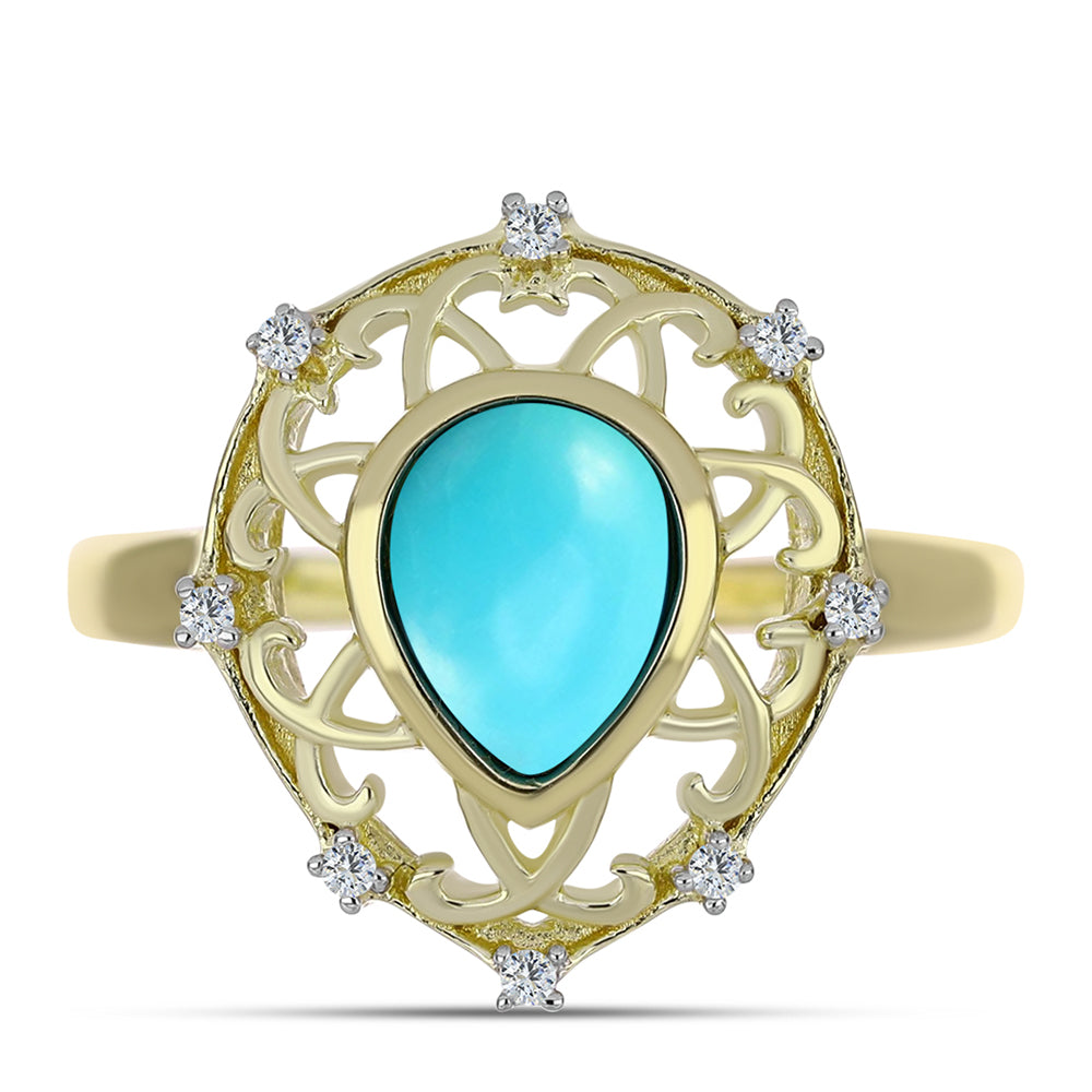 Anillo de Plata Bañada en Oro con Turquesa Bella Durmiente y Topacio Blanco 1 