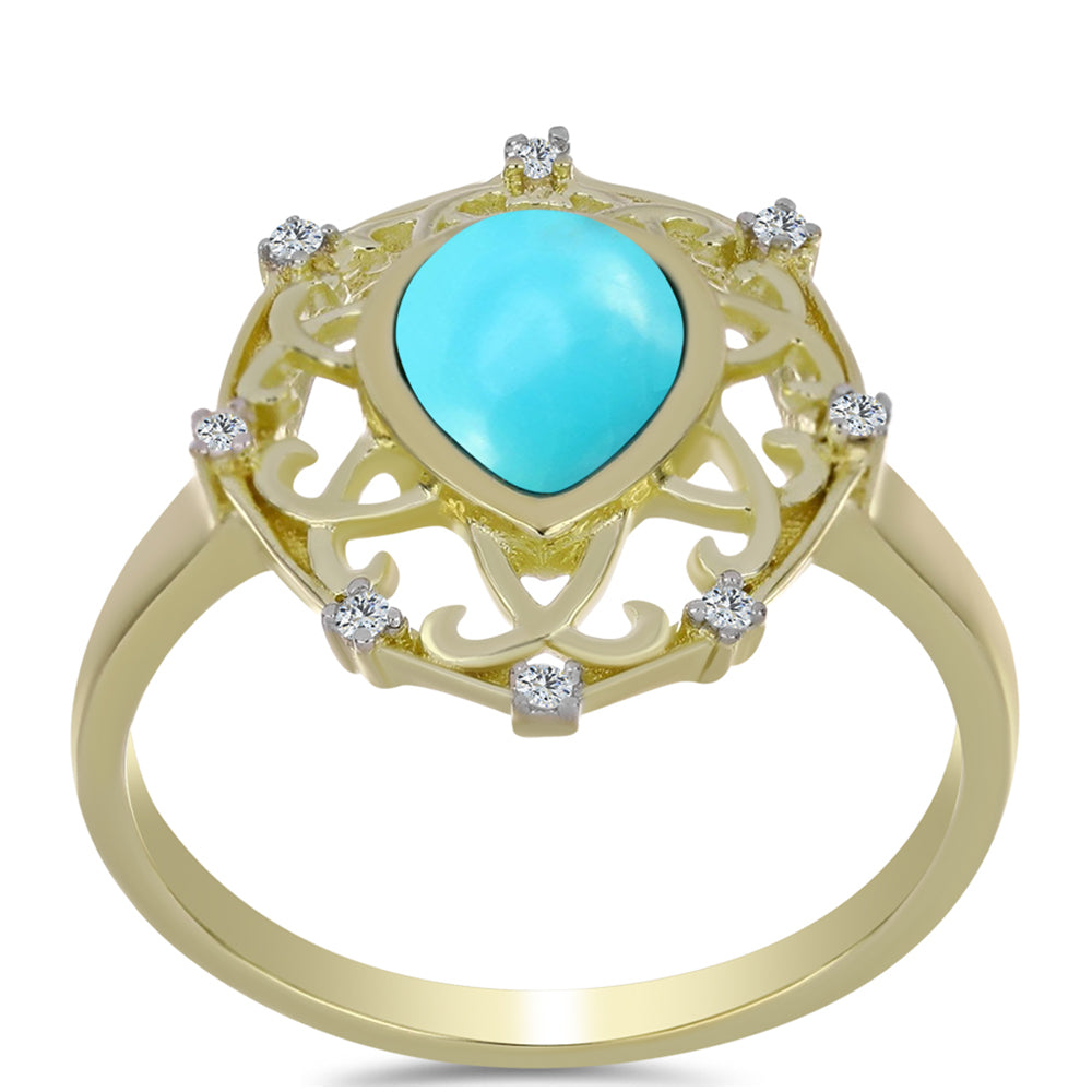 Anillo de Plata Bañada en Oro con Turquesa Bella Durmiente y Topacio Blanco