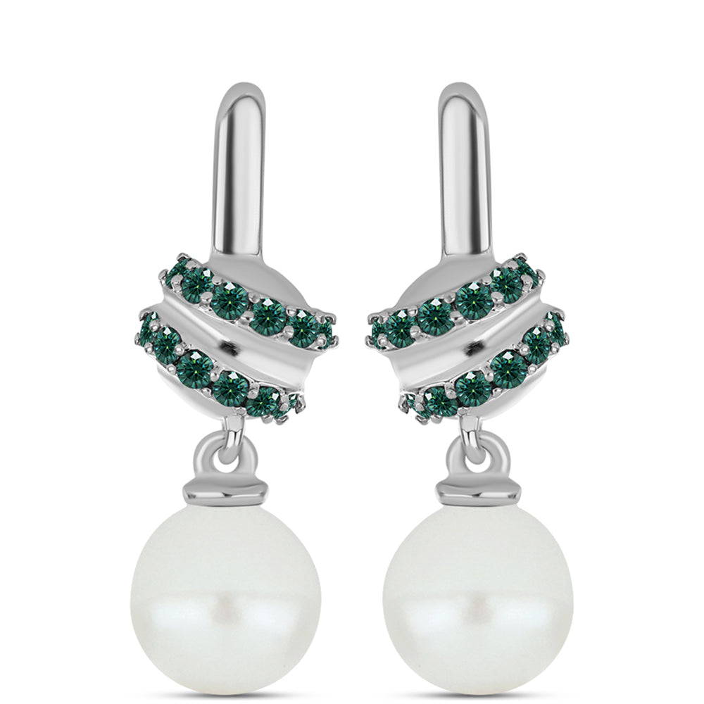 Pendientes de Plata con Moissanita azul mar verdosa y Perla blanca de agua dulce