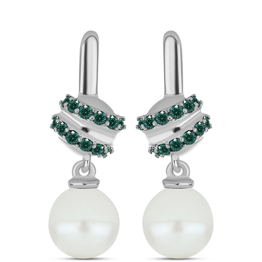 Pendientes de Plata con Moissanita azul mar verdosa y Perla blanca de agua dulce