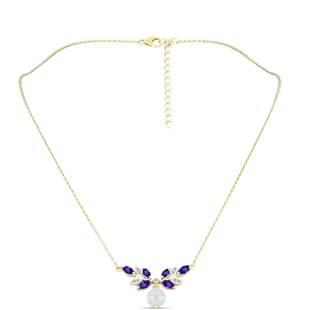 Collar de Plata Bañada en Oro con Amatista de Marruecos y Perla blanca de agua dulce