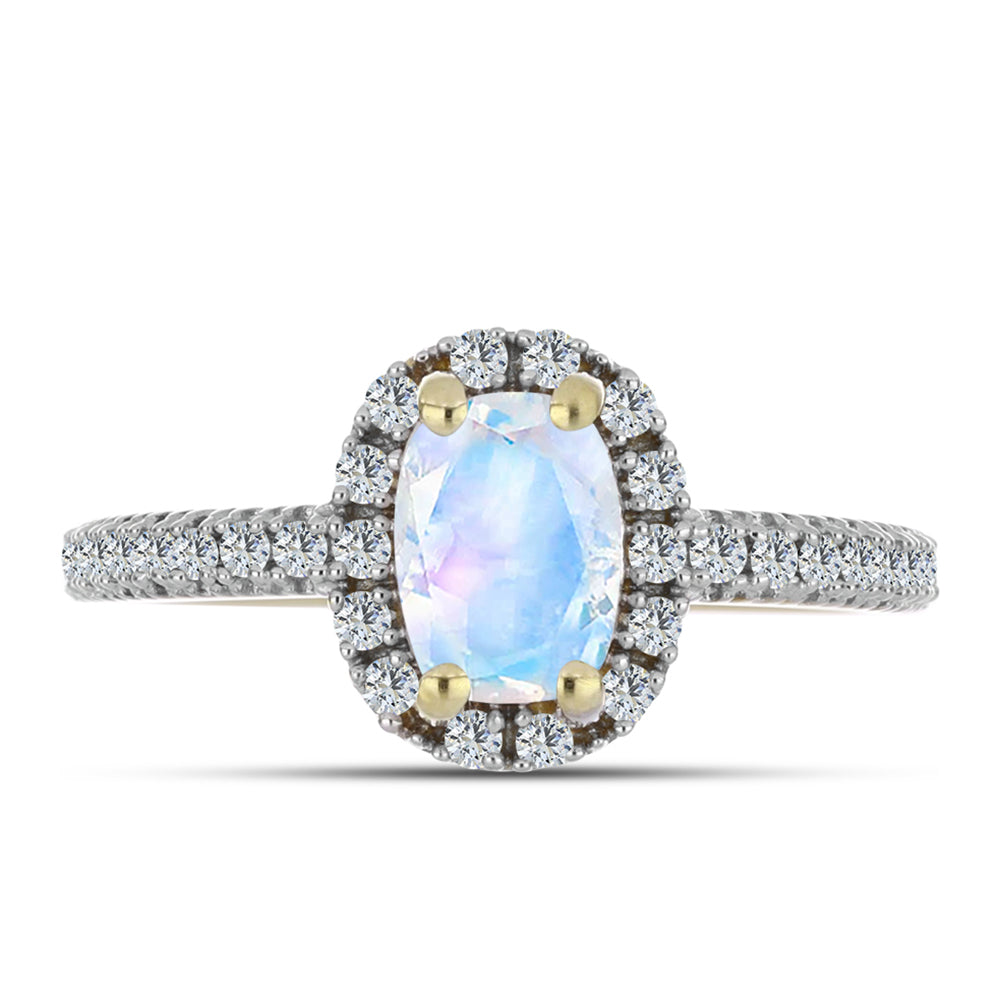 Anillo de Plata Bañada en Oro con Piedra Lunar Arco Iris y Topacio Blanco 1 