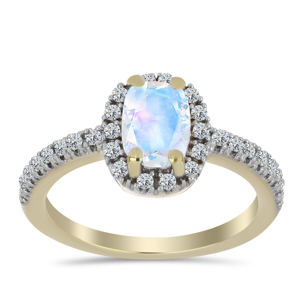 Anillo de Plata Bañada en Oro con Piedra Lunar Arco Iris y Topacio Blanco 3 