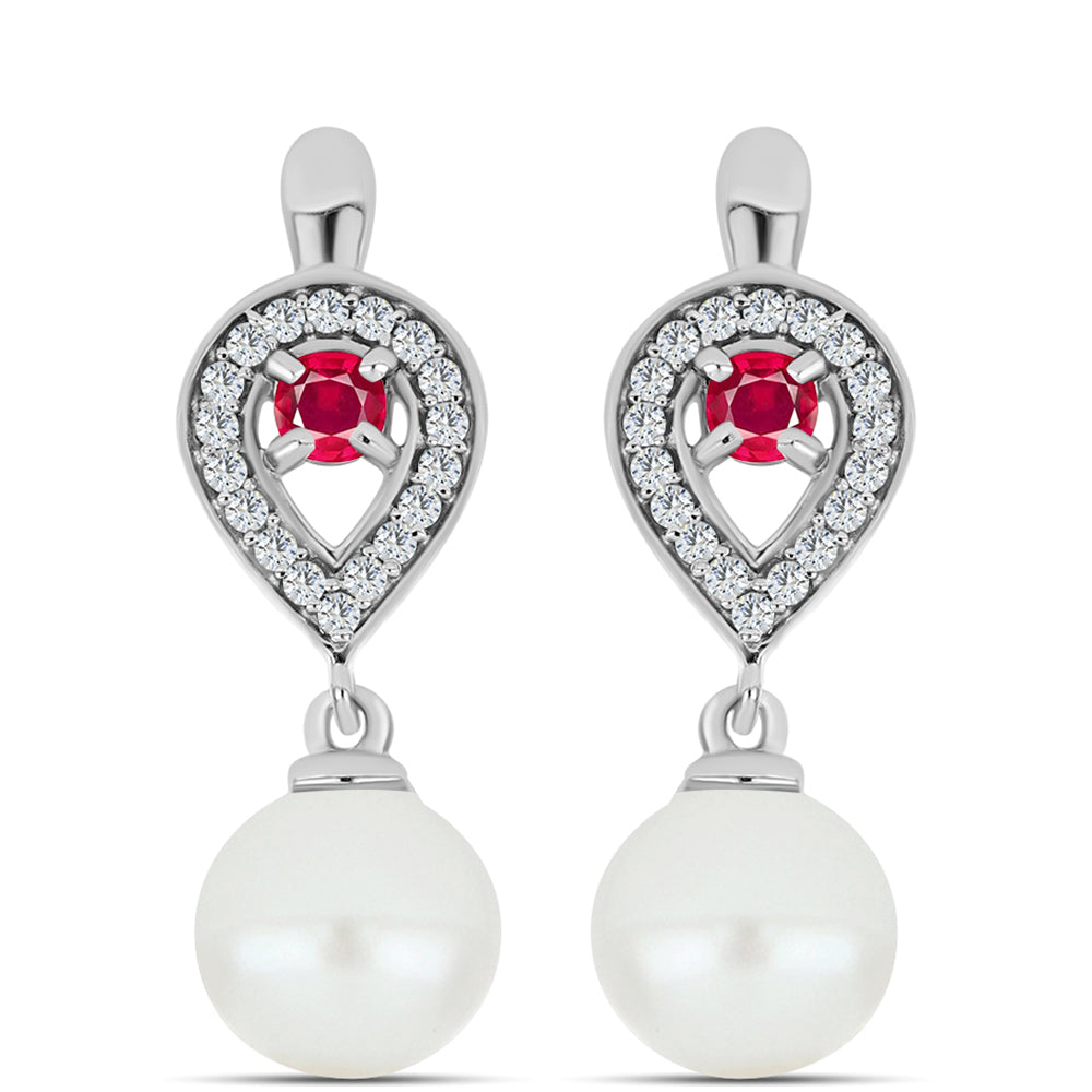 Pendientes de Plata con Rubí de Madagascar y Perla blanca de agua dulce