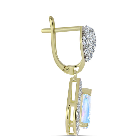 Pendientes de Plata Bañada en Oro con Piedra Lunar Arco Iris y Topacio Blanco