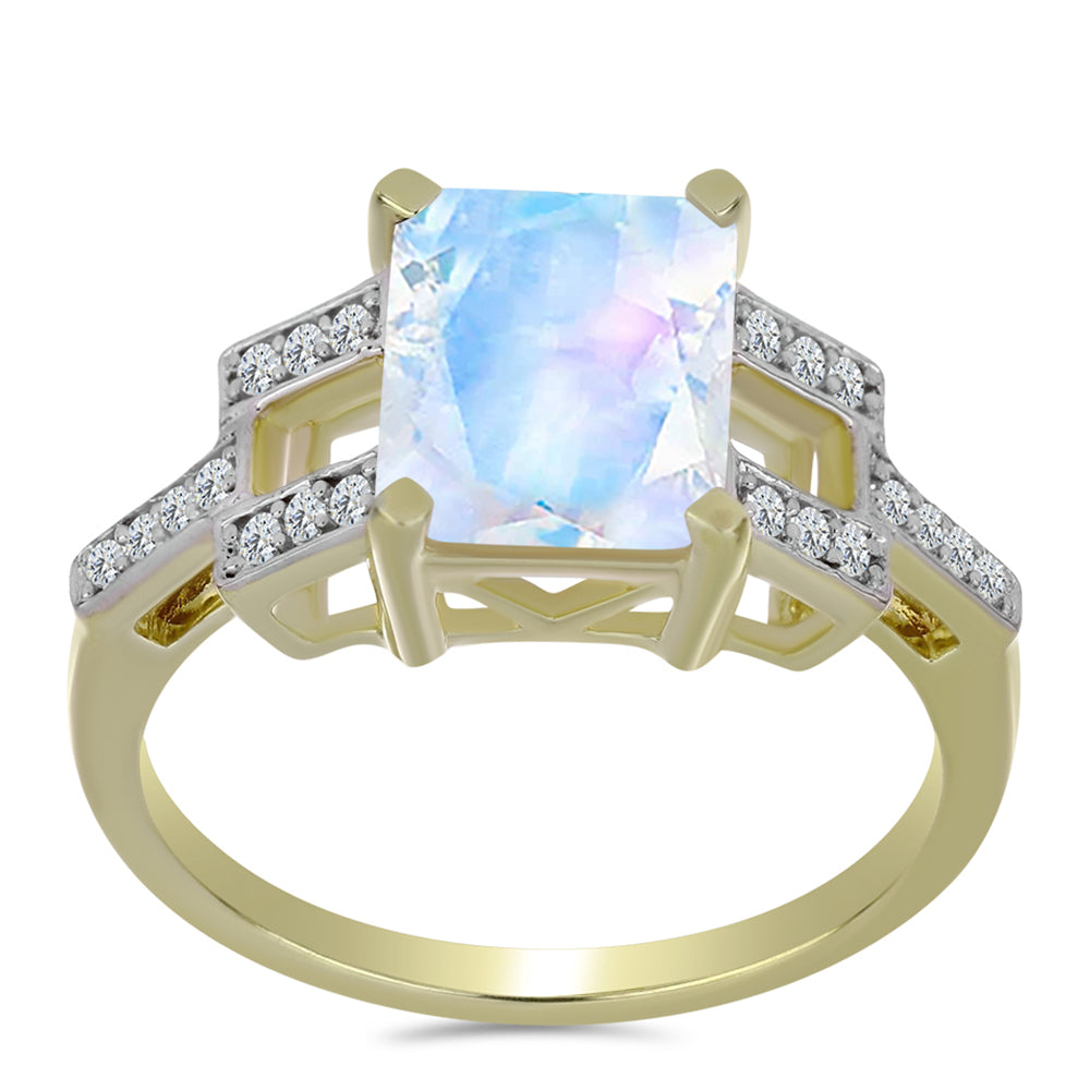 Anillo de Plata Bañada en Oro con Piedra Lunar Arco Iris y Topacio Blanco